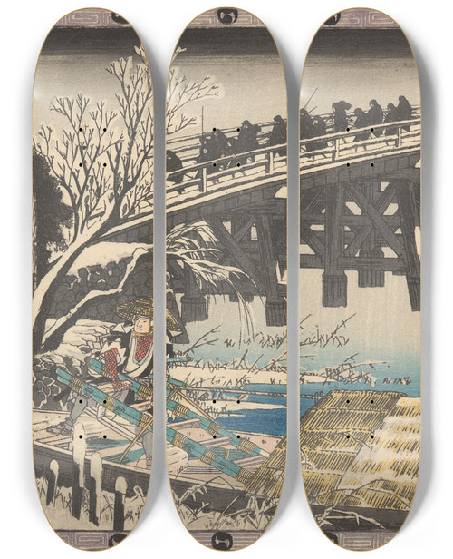 Triptych art skateboard deck of And Hiroshige Marching Over Bridge by Ando Hiroshige (1797-1858)