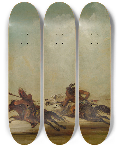 Triptych art skateboard deck of George Catlin Comanche Warrior Lancing An Osage At Full Speed by George Catlin (1796-1872)
