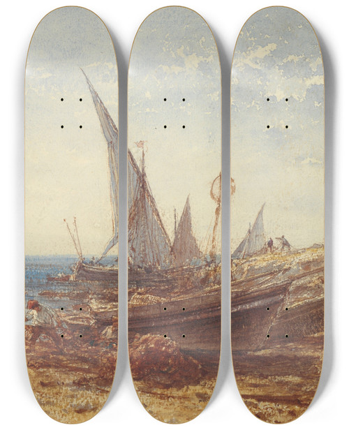 Triptych art skateboard deck of Flix Ziem Fishermen And Boats At Watersedge by Felix Ziem (1821-1911)
