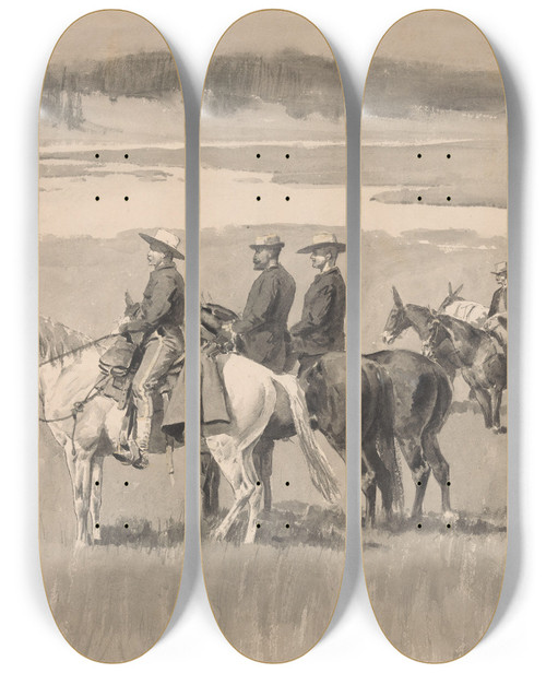 Triptych art skateboard deck of Frederic Remington On The Headwatersburgess Finding A Ford by Frederic Remington (1861-1909)