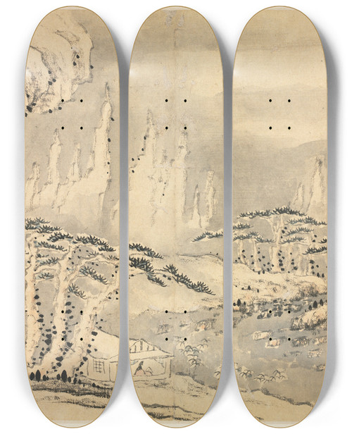Triptych art skateboard deck of Mei Qing Landscapes In Various Styles After Old Masters 10 by Mei Qing (1623-1697)
