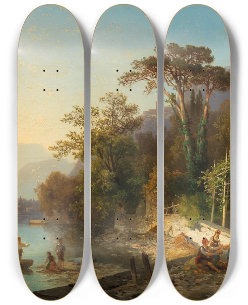 Triptych art skateboard deck of Carl Hasch A View Of Lake Garda by Carl Hasch (1834-1897)