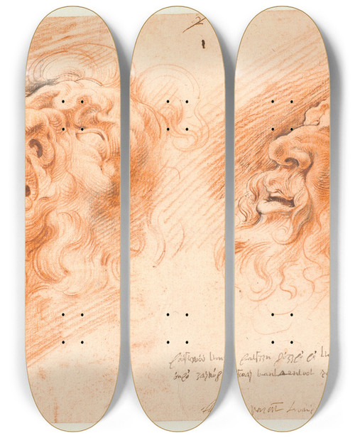 Triptych art skateboard deck of Willem Panneels To Studier Af Laokoons Hoved Det Ene Set En Face Nedefra Det Andet Set I Profil by Willem Panneels (1600-1634)
