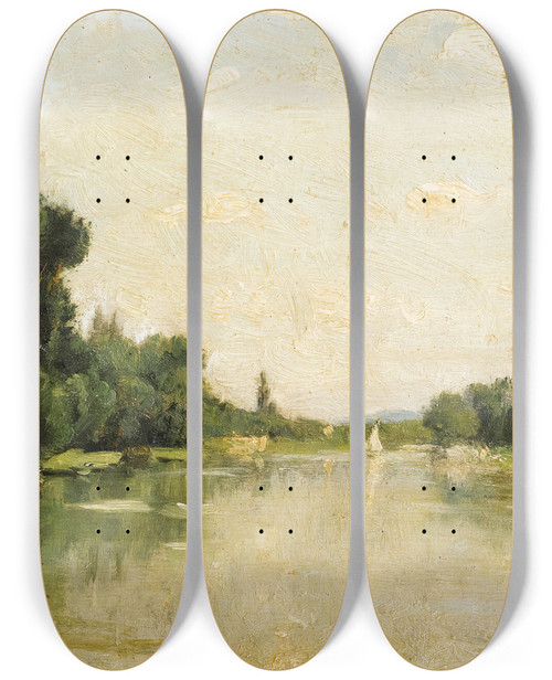 Triptych art skateboard deck of Stanislas Lpine The Marnebetween Crteiland Saintmaur The Fisherman by Stanislas Lepine (1835-1892)