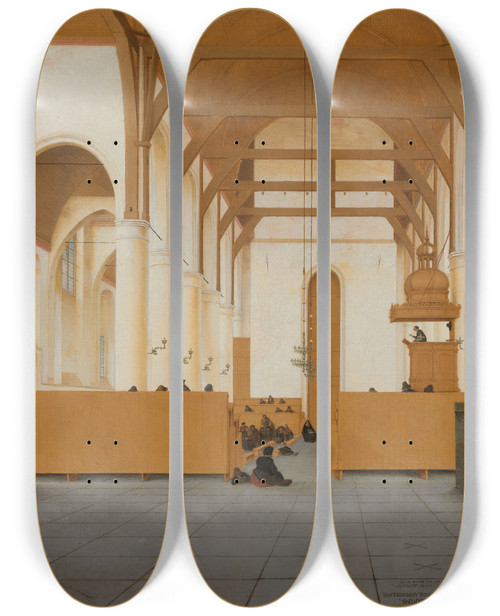 Triptych art skateboard deck of Pieter Jansz Saenredam Interior Of The Sintodulphuskerk In Assendelft by Pieter Jansz Saenredam (1597-1665)