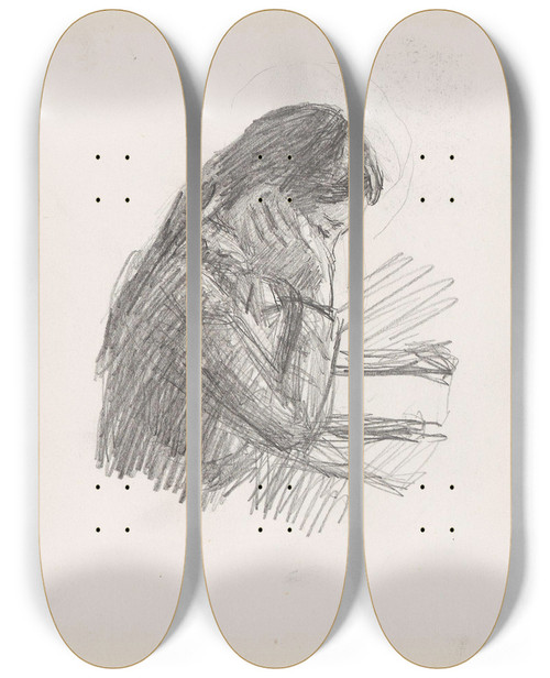 Triptych art skateboard deck of Signe Scheel Kvinne Som Leser Riss by Signe Scheel (1860-1942)