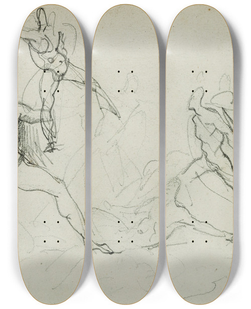 Triptych art skateboard deck of Thodore Gricault Studies Of Nude Men In Combat by Theodore Gericault (1791-1824)