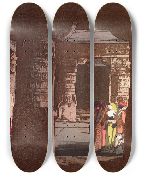 Triptych art skateboard deck of Yoshida Hiroshi Third Cave Temple In Ellora by Hiroshi Yoshida (1876-1950)