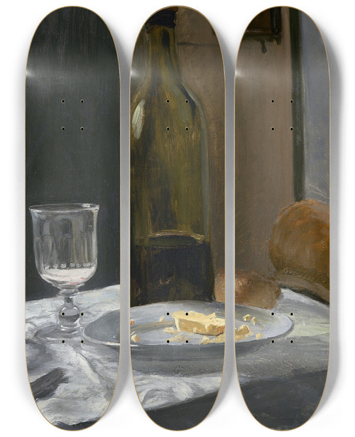 Triptych art skateboard deck of Claude Monet Still Life With Bottlecarafe Bread And Wine by Claude Monet (1840-1926)