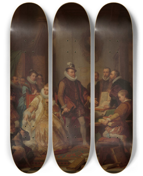 Triptych art skateboard deck of Nicaise De Keyser The Archdukes Albert And Isabella Visit The Printer Plantin_1 by Nicaise De Keyser (1813-1887)