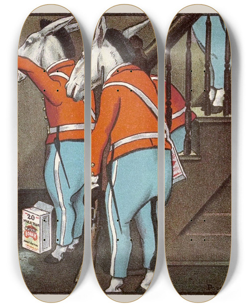 Triptych art skateboard deck of Peter Newell But Borax Poultice Well Applied At One Relieved His Pain by Peter Newell (1862-1924)