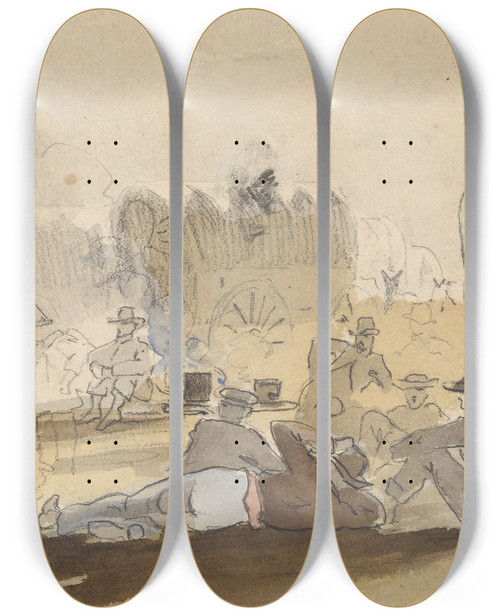 Triptych art skateboard deck of Winslow Homer Caravan With Covered Wagons Resting Recto by Winslow Homer (1836-1910)