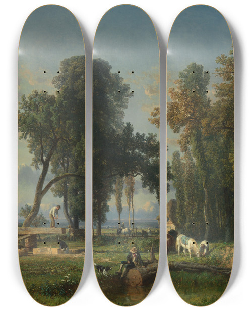 Triptych art skateboard deck of Constant Troyon View At La Fertsaintaubin Near Orlans by Constant Troyon (1810-1865)