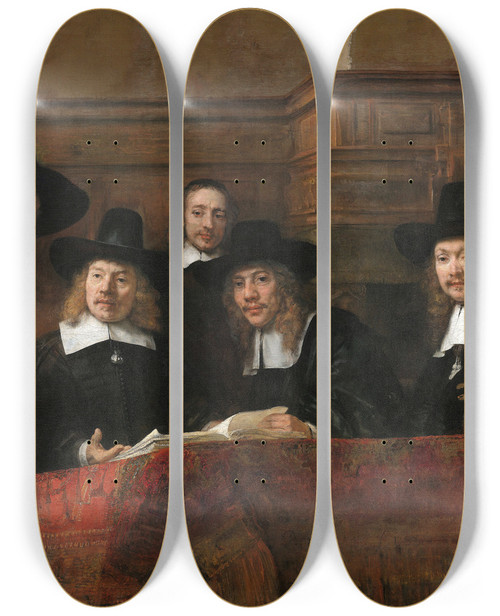 Triptych art skateboard deck of Rembrandt Van Rijn The Sampling Officials Of The Drapers Guild by Rembrandt Van Rijn (1606-1669)