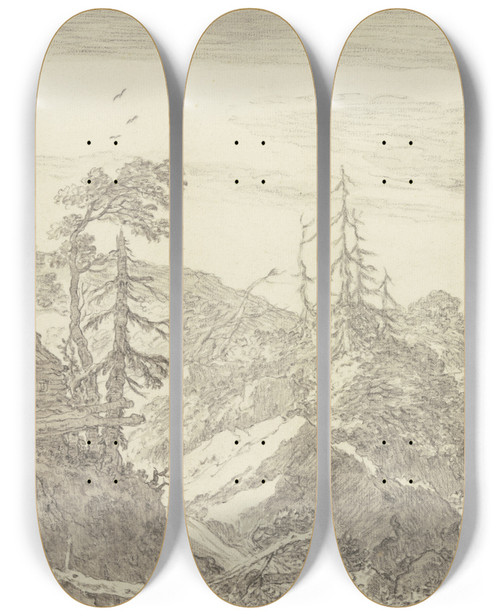 Triptych art skateboard deck of Pieter De Molijn Felsige Gebirgsgegend Mit Tannen Links Auf Einem Felsen Ein Holzhaus by Pieter de Molijn (1595-1661)