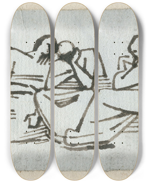 Triptych art skateboard deck of David Humbert De Superville Drie Zittende Figuren Waarvan Er N Een Staf Vasthoudt by David Humbert De Superville (1770-1849)