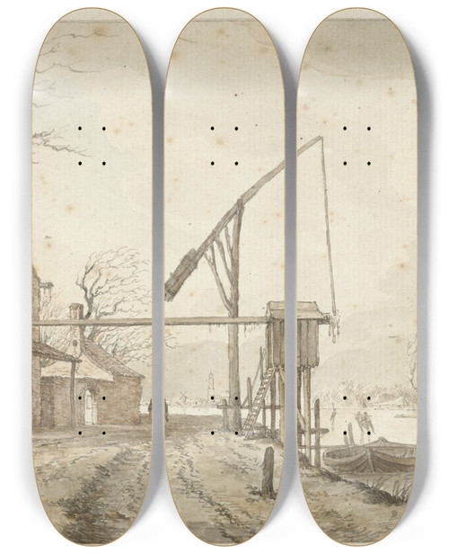 Triptych art skateboard deck of Jacob Cats Winterlandschap Met Huizen En Hefboom Langs Bevroren Vaart by Jacob Cats (1741-1799)
