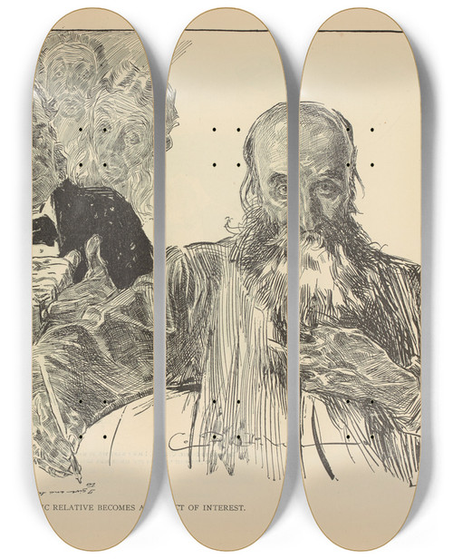 Triptych art skateboard deck of Charles Dana Gibson When Our Eccentric Relative Becomes An Object Of Interest by Charles Dana Gibson (1867-1944)