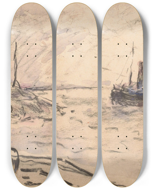 Triptych art skateboard deck of Carel Nicolaas Storm Van Sgravesande Gezicht Op De Kust Van Ijmuiden Met Vuurtoren En Schip by Carel Nicolaas Storm van 's-Gravesande (1841-1924)