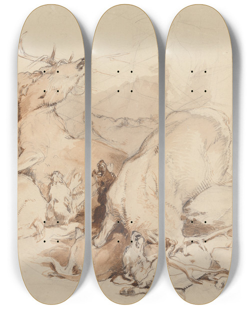 Triptych art skateboard deck of Sir Edwin Henry Landseer Hounds And Hunters Attacking Deer by Sir Edwin Henry Landseer (1802-1873)