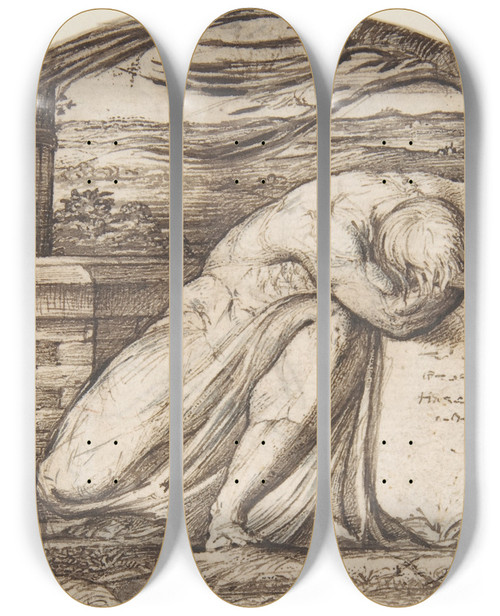 Triptych art skateboard deck of George Richmond A Figure Weeping Over A Grave by George Richmond (1809-1896)