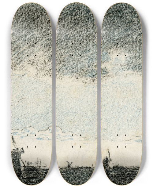 Triptych art skateboard deck of Adolf Le Comte Molens In Vlakte Bij Regen by Adolf Le Comte (1850-1921)