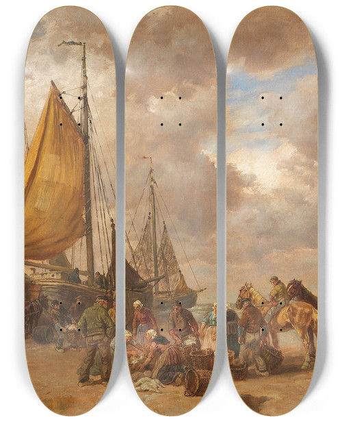 Triptych art skateboard deck of Dsir Thomassin Fischer Am Meer by Desire Thomassin (1858-1933)