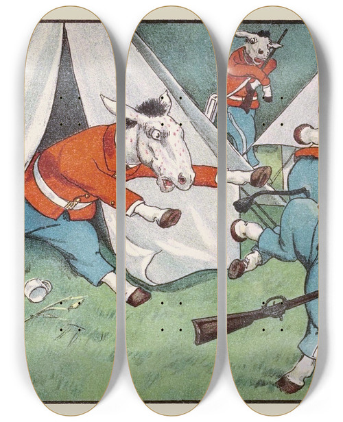 Triptych art skateboard deck of Peter Newell A Mule Broke Out With Chickenpox Broke Out His Tent You See by Peter Newell (1862-1924)