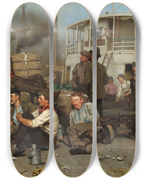 Triptych art skateboard deck of John George Brown The Longshoremens Noon by John George Brown (1831-1913)