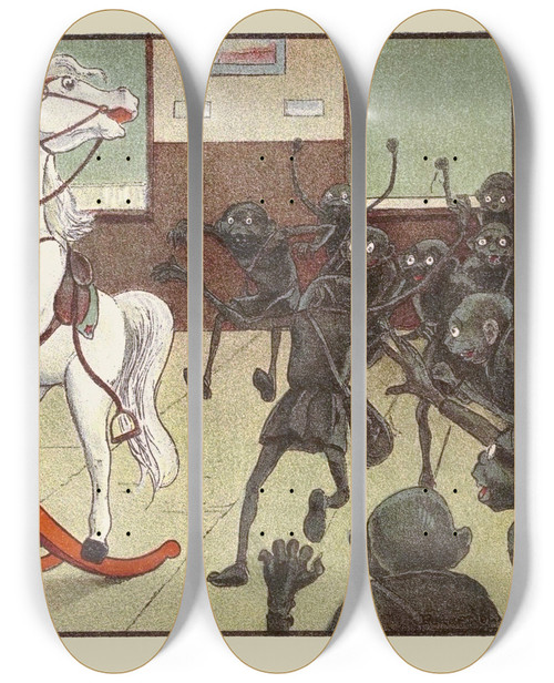 Triptych art skateboard deck of Peter Newell My How This Ponys Anger Burned Although It Didnt Smoke by Peter Newell (1862-1924)