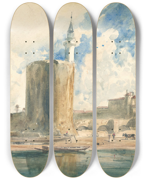 Triptych art skateboard deck of Paul Huet La Tour De Constance Aiguesmortes by Paul Huet (1803-1869)