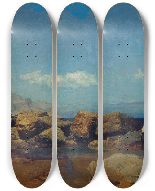 Triptych art skateboard deck of Leopold Carl Mller Meereskste Mit Monte Pellegrino Bei Palermo by Leopold Carl Muller (1834-1892)