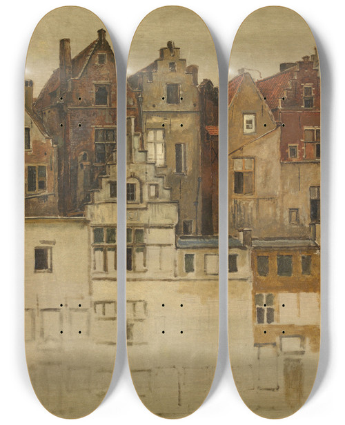 Triptych art skateboard deck of Jan August Hendrik Leys Houses Of Old Antwerp Handschoenmarkt by Jan August Hendrik Leys (1815-1869)