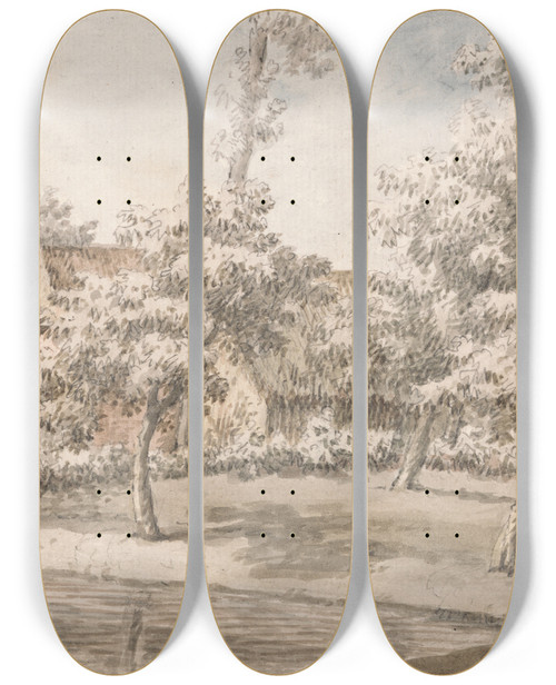 Triptych art skateboard deck of Jonathan Skelton An Orchard By A Stream by Jonathan Skelton (1735-1759)