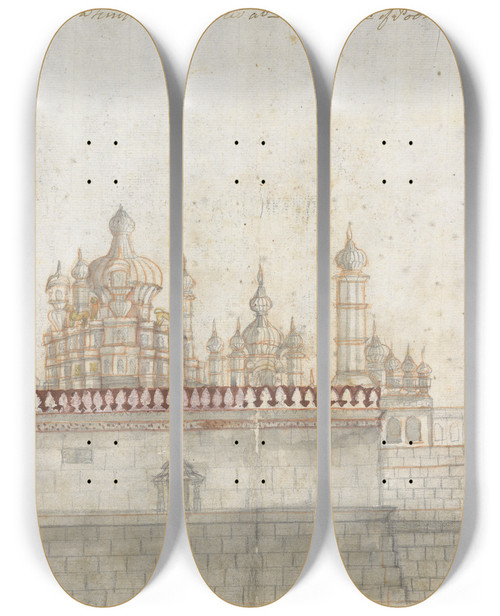 Triptych art skateboard deck of Gangaram Chintaman Tambat Side View Of Bhuleshwar Temple by Gangaram Chintaman Tambat