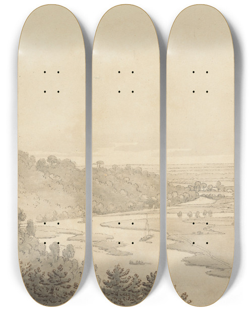 Triptych art skateboard deck of Joseph Farington View Of Taplow And Maidenhead From Cliveden by Joseph Farington (1747-1821)