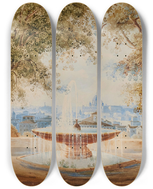 Triptych art skateboard deck of Johann Jakob Wolfensberger Vue De Rome Depuis Les Hauteurs Avec La Basilique Saint Pierre by Johann Jakob Wolfensberger (1797-1850)