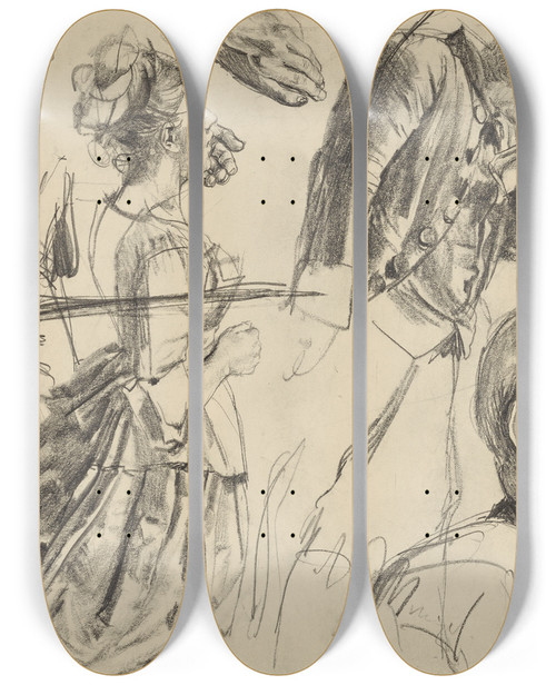 Triptych art skateboard deck of Adolph Von Menzel Study For Heinrich Von Kleists Broken Jug by Adolph Von Menzel (1815-1905)