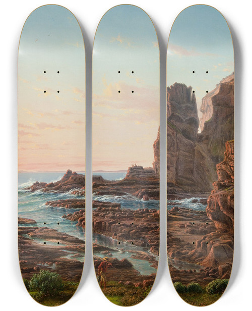 Triptych art skateboard deck of Eugne Von Gurard Castle Rock Cape Schanck by Eugene Von Guerard (1811-1901)