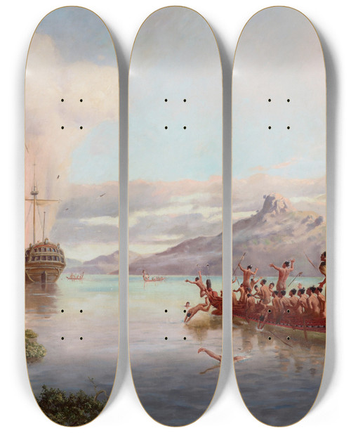 Triptych art skateboard deck of Louis John Steele The Blowing Up Of The Boyd by Louis John Steele (1842-1918)