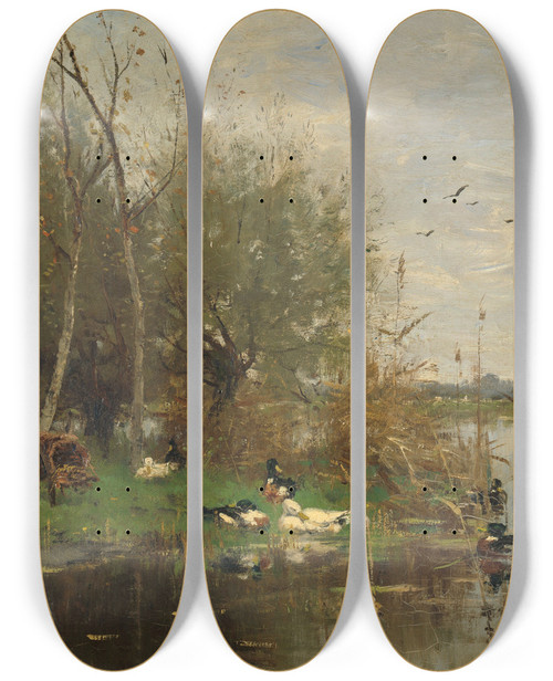 Triptych art skateboard deck of Geo Poggenbeek Ducks Beside A Duck Shelter On A Ditch by Geo Poggenbeek (1853-1903)
