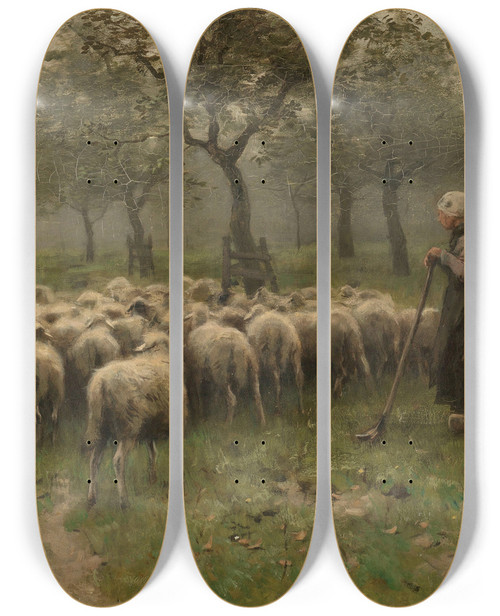 Triptych art skateboard deck of Anton Mauve Shepherdess With A Flock Of Sheep by Anton Mauve (1838-1888)