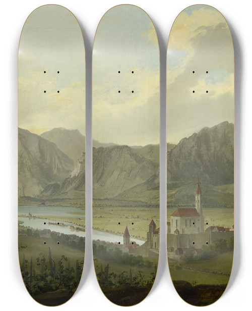 Triptych art skateboard deck of Caspar Wolf Blick Auf Thun Mit Stockhornkette Und Niesen by Caspar Wolf (1735-1783)