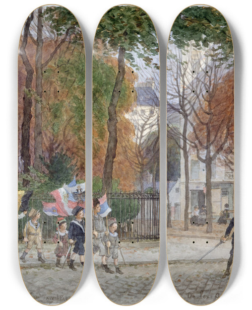 Triptych art skateboard deck of Flix Brard Square De La Mairie Rue Mouton Duvernet Et Rue Boulard by Felix Brard (19-20-)