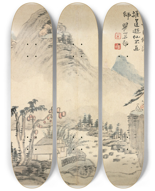 Triptych art skateboard deck of Mei Qing Landscapes In Various Styles After Old Masters 3 by Mei Qing (1623-1697)