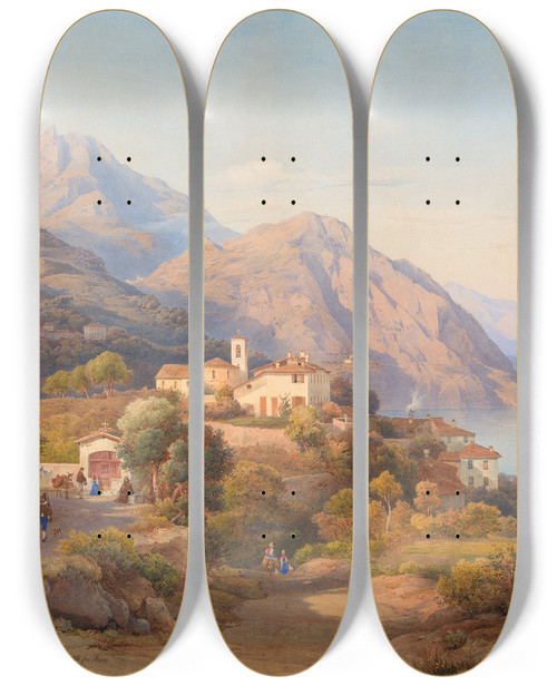 Triptych art skateboard deck of Hermann David Salomon Corrodi A Summer Evening At The Lago Maggiore by Hermann David Salomon Corrodi (1844-1905)