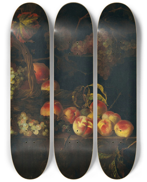 Triptych art skateboard deck of Nicolas De Largillire Grapes And Peaches In A Wicker Basket With Other Fruit On A Ledge A Landscape Beyond by Nicolas de Largillire (1656-1746)