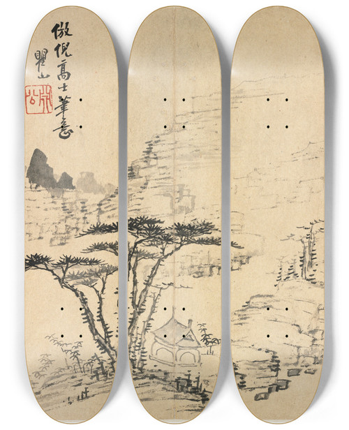Triptych art skateboard deck of Mei Qing Landscapes In Various Styles After Old Masters 5 by Mei Qing (1623-1697)
