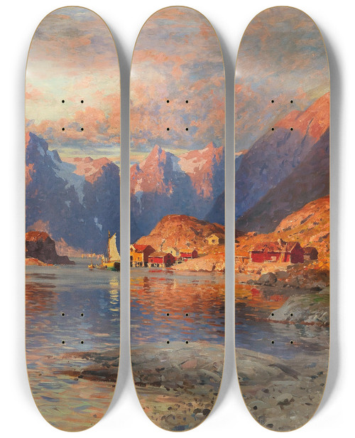 Triptych art skateboard deck of Adelsteen Normann A Fjord Landscape At Sunset by Adelsteen Normann (1848-1918)