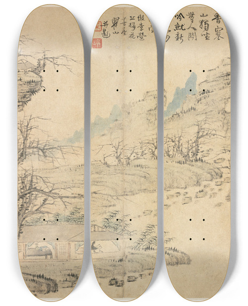 Triptych art skateboard deck of Mei Qing Landscapes In Various Styles After Old Masters 1 by Mei Qing (1623-1697)